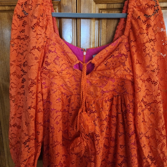 Farm Rio Elegant Orange Lace Midi Dress - Picture 3 of 8